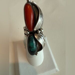 Tony Sanchez Handmade Sterling Silver Turquoise & Coral Leaf Ring Size 5.5